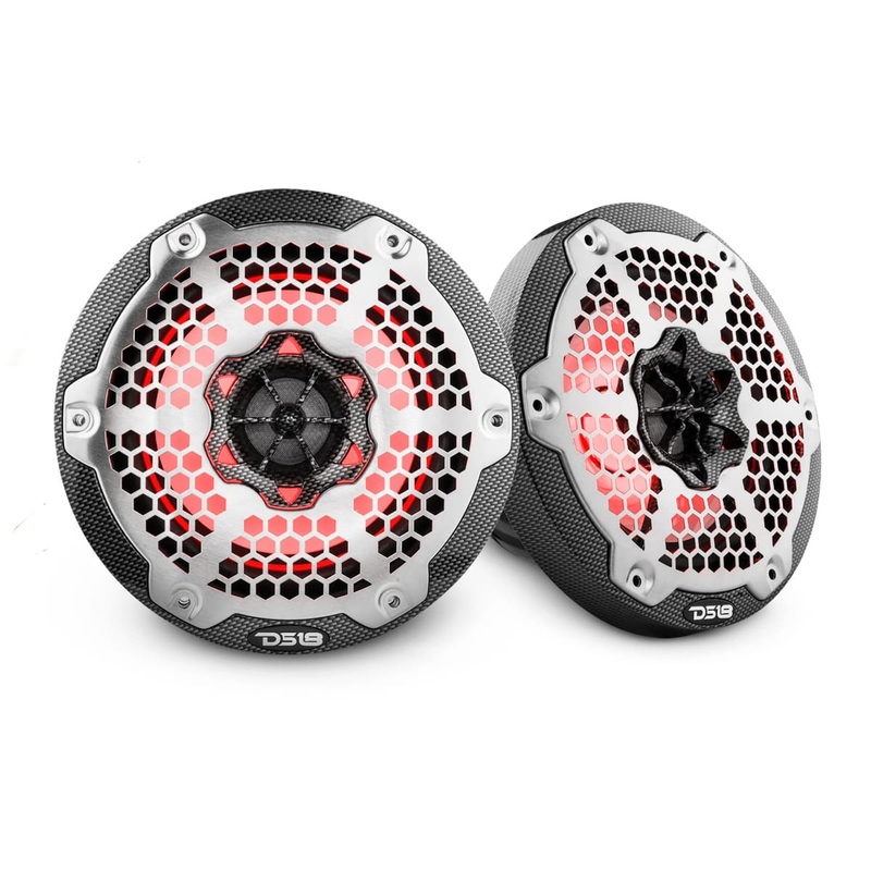 DS18 NXL 6.5 2-Way Coaxial Marine Speaker w/ 100 Watts RMS 4-Ohm RGB LED Lights – Black Carbon Fiber