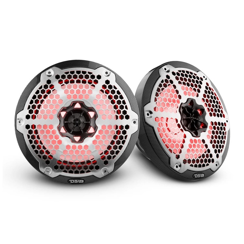 DS18 NXL 8 2-Way Coaxial Marine Speaker w/ 125 Watts RMS 4-Ohm RGB LED Lights – Black Carbon Fiber